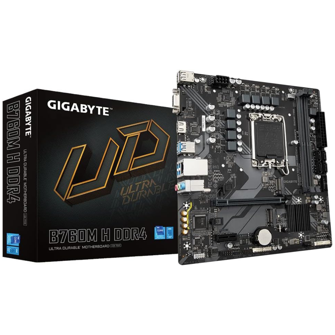 MB-GB-B760M-H-DDR4 1 GIGABYTE B760M H DDR4 Intel LGA 1700 m-ATX Motherboard - Supports up to 64GB DDR4 RAM, 1x PCI-E x16, 2x M.2 Slots, 4x SATA Ports, 3x USB 3.2 Ports, 2x USB 2.0 Ports - Image 1