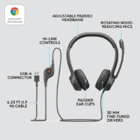 Logitech H390 Wired Stereo Headset, Black, with Noise Cancelling Mowjatphone, USB, In-Line Controls, Compatible with PC/Mac/Laptop - 981-000406 - Image 4
